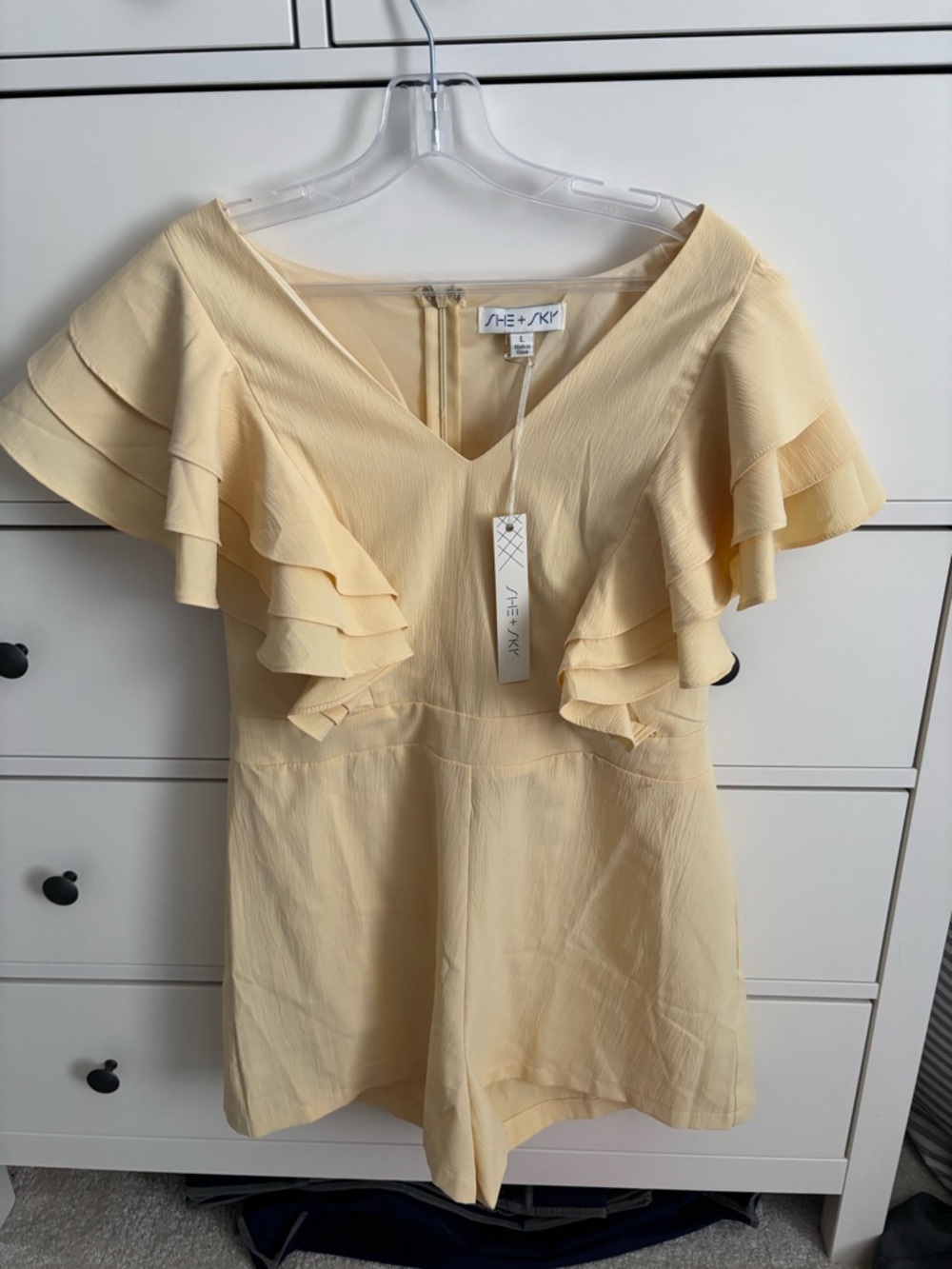 She + Sky Pale Yellow Tiered Ruffle V-Neck Romper